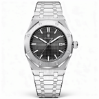 Silver watch with a black face on a white background