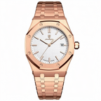 Rose gold watch with a white face on a white background