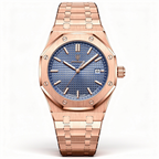 Rose gold watch with blue dial on a white background