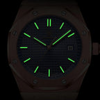 Watch with glowing green face on a black background