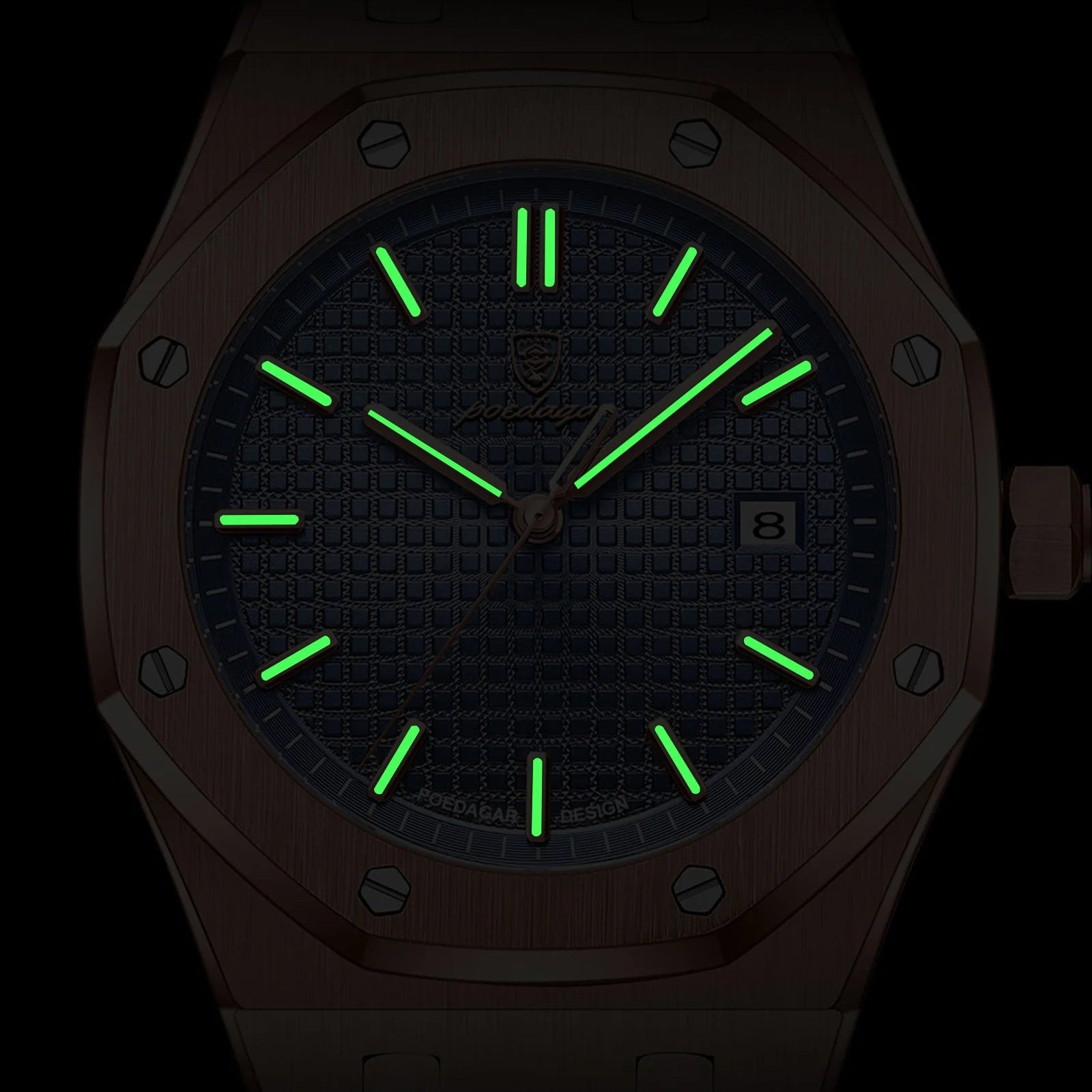 Watch with glowing green face on a black background