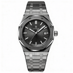 Silver watch with a detailed face on a white background