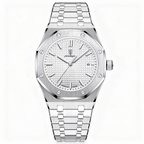 Silver watch with a detailed face on a white background