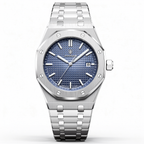 Silver watch with blue face on a white background