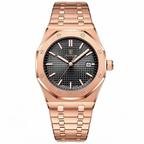 Rose gold watch with black dial on a white background